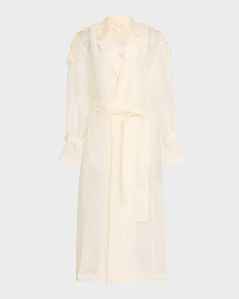 Feather-Cuff Organza Relaxed Trench Coat